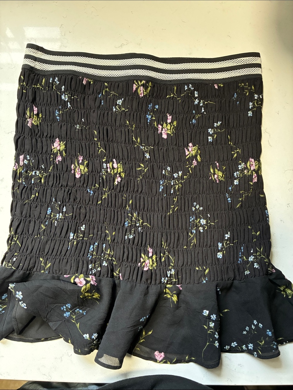 For Love & Lemons Black Floral Smocked Mini Skirt with Ruffle Hem